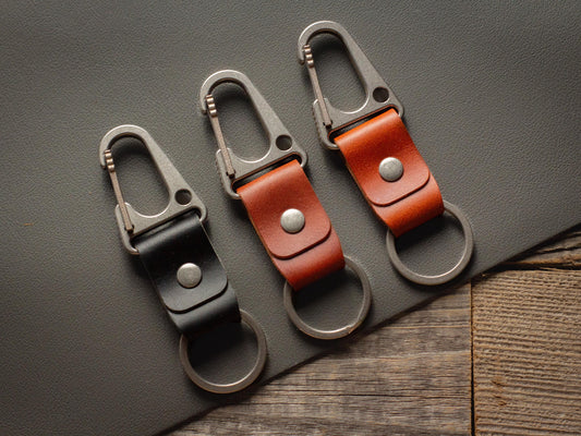 Titanium Carabiner Leather Keychain Minimalist Full Grain Italian Leather Keyfob