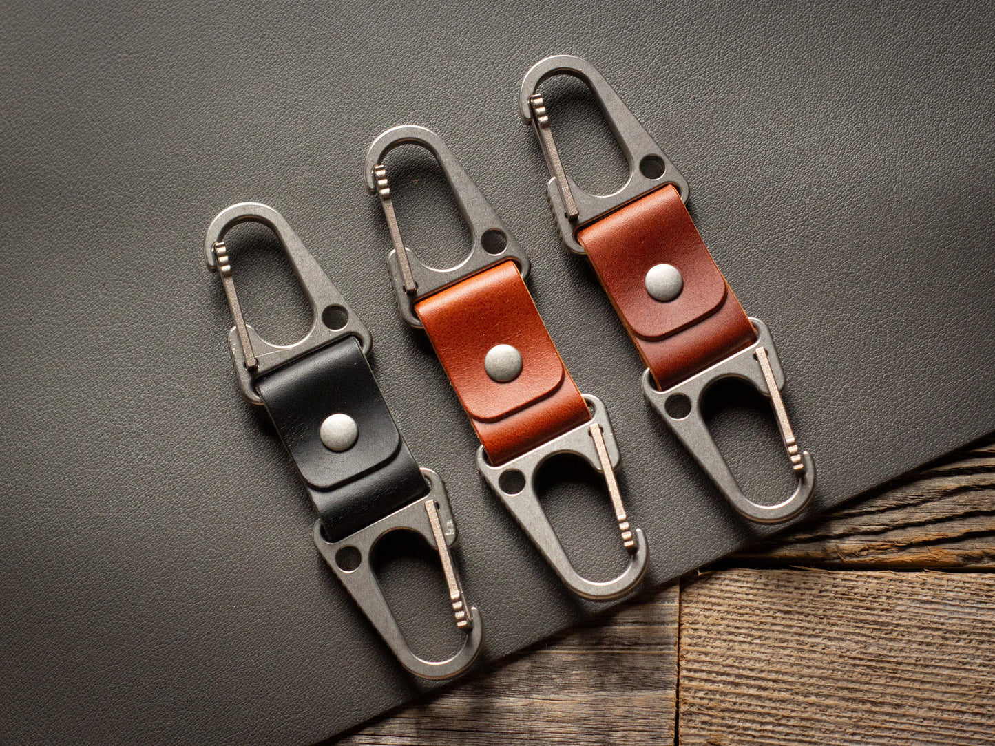 Titanium Carabiner Leather Keychain Minimalist Full Grain Italian Leather Keyfob