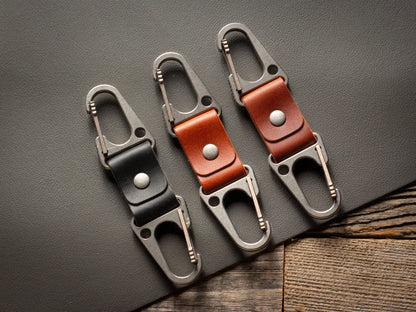 Titanium Carabiner Leather Keychain Minimalist Full Grain Italian Leather Keyfob